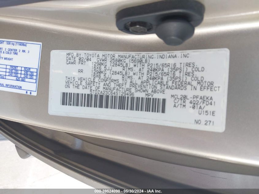 2004 Toyota Sienna Ce VIN: 5TDZA23C64S129496 Lot: 39524098