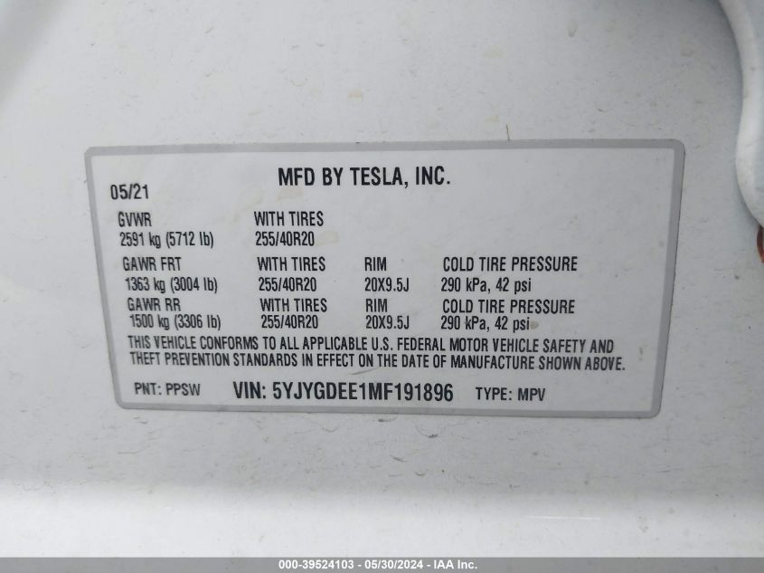 2021 TESLA MODEL Y - 5YJYGDEE1MF191896