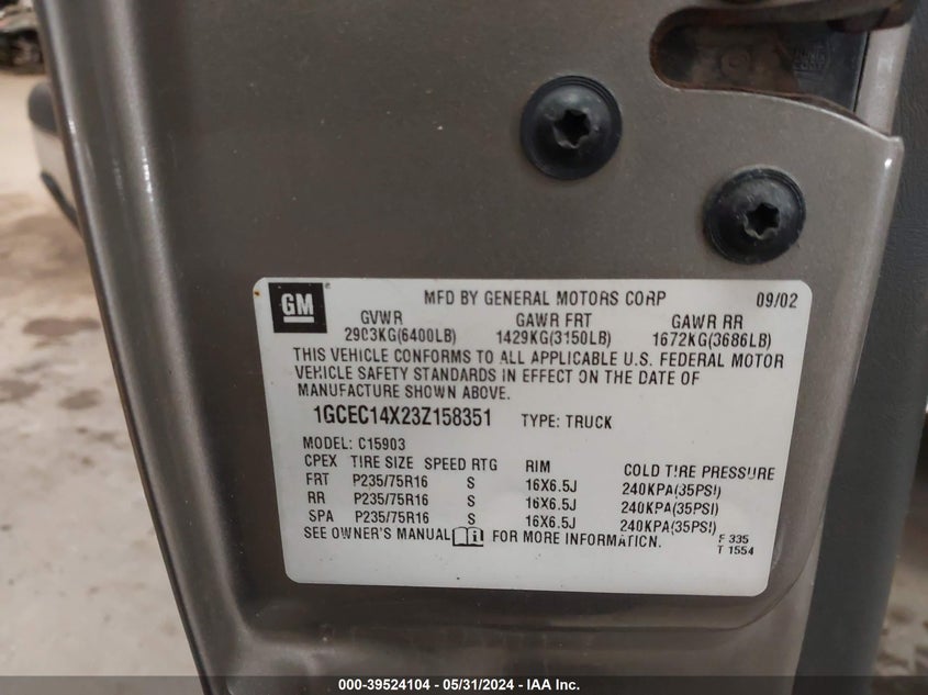 2003 Chevrolet Silverado 1500 Work Truck VIN: 1GCEC14X23Z158351 Lot: 39524104