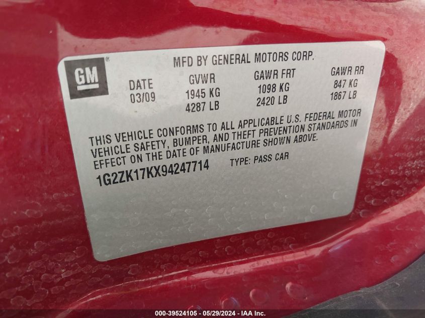 2009 Pontiac G6 New Gt VIN: 1G2ZK17KX94247714 Lot: 39524105