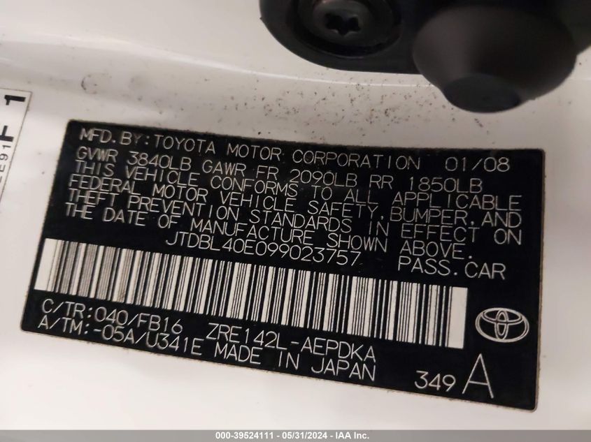 2009 Toyota Corolla Le VIN: JTDBL40E099023757 Lot: 39524111