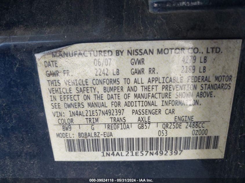 2007 Nissan Altima 2.5 S VIN: 1N4AL21E57N492397 Lot: 39524118