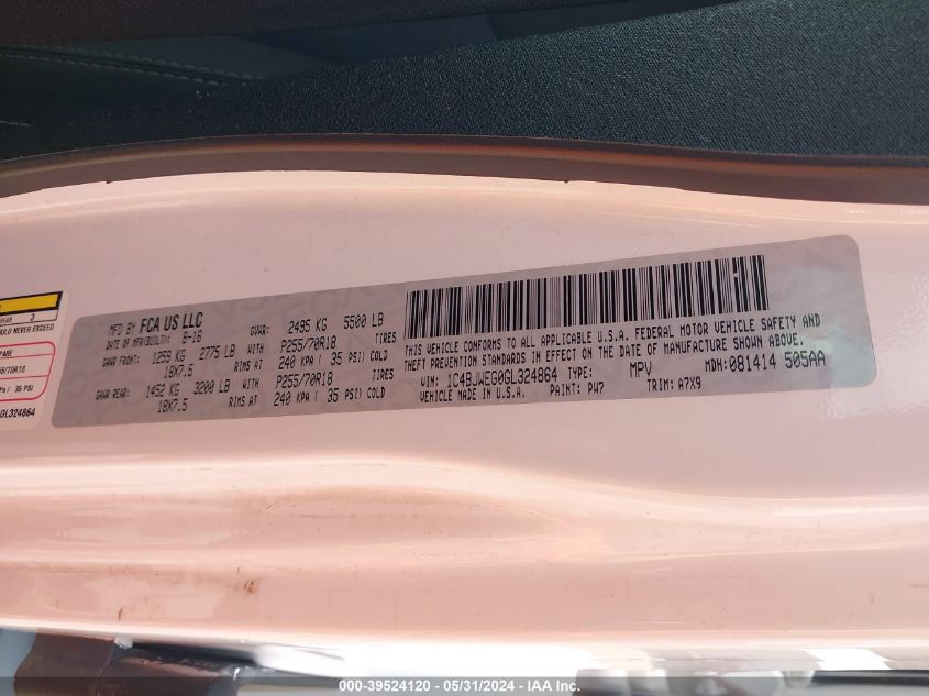 2016 Jeep Wrangler Unlimited Sahara VIN: 1C4BJWEG0GL324864 Lot: 39524120