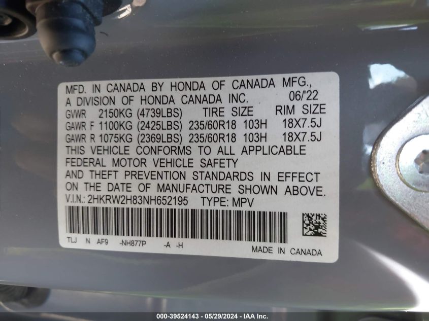 2022 HONDA CR-V EXL - 2HKRW2H83NH652195