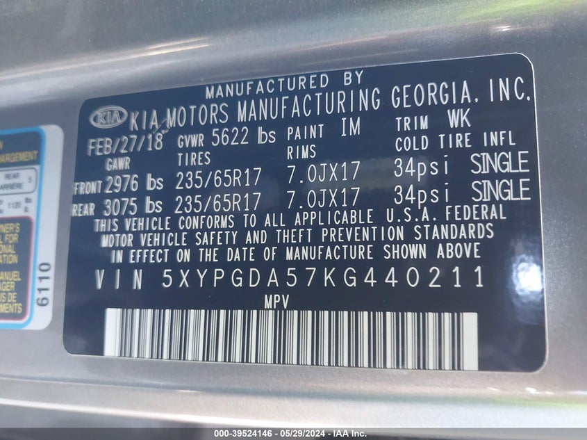 2019 Kia Sorento 3.3L Lx VIN: 5XYPGDA57KG440211 Lot: 39524146