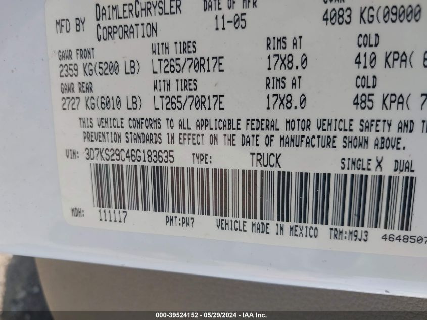 2006 Dodge Ram 2500 Slt VIN: 3D7KS29C46G183635 Lot: 39524152