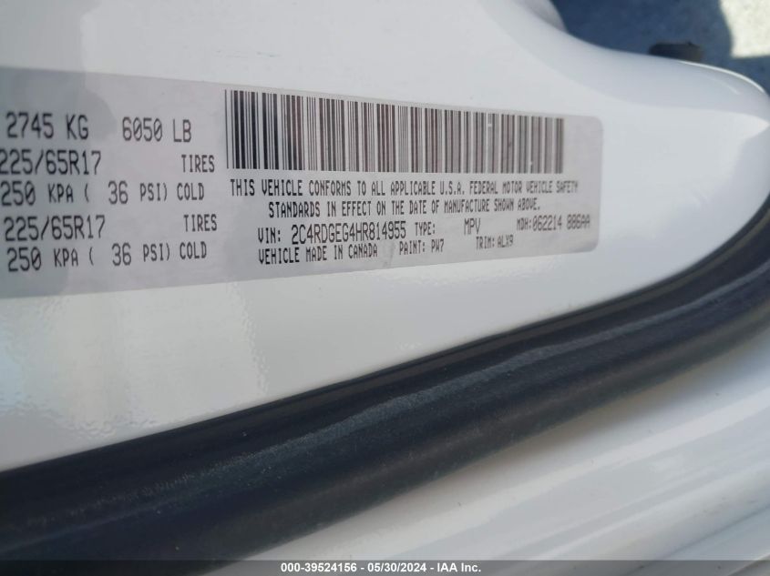 2017 Dodge Grand Caravan Gt VIN: 2C4RDGEG4HR814955 Lot: 39524156