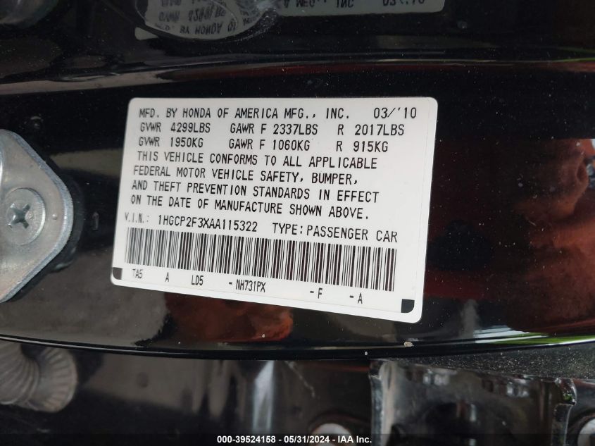 2010 Honda Accord 2.4 Lx VIN: 1HGCP2F3XAA115322 Lot: 39524158