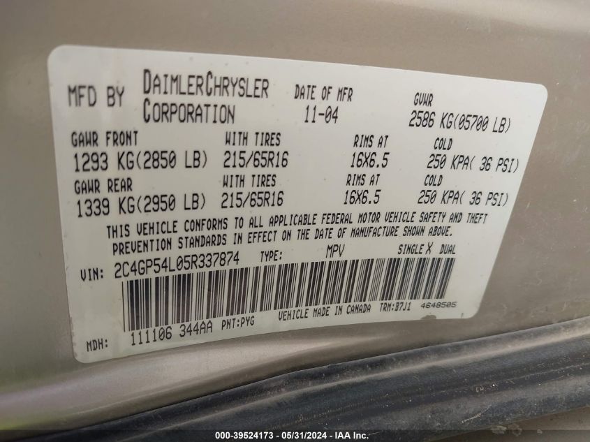 2005 Chrysler Town & Country Touring VIN: 2C4GP54L05R337874 Lot: 39524173