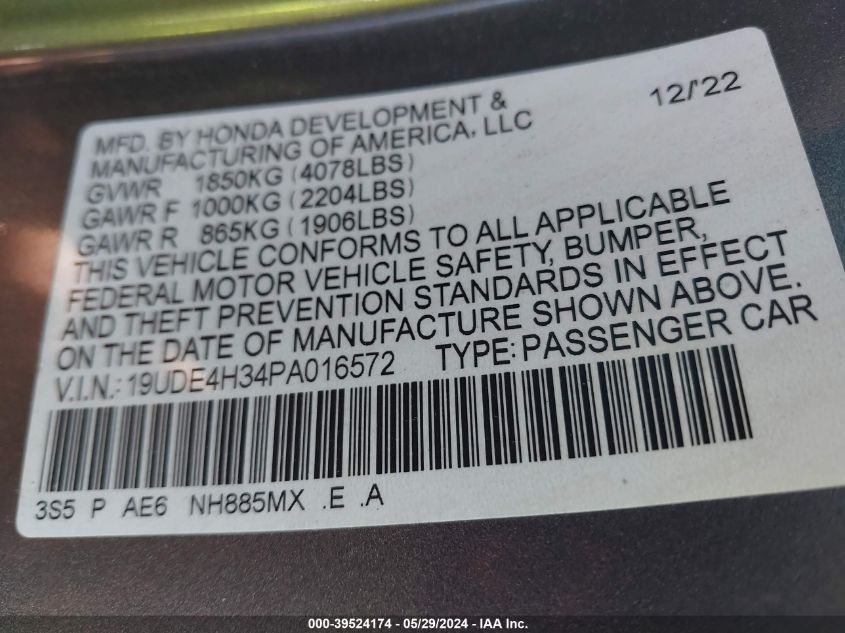 19UDE4H34PA016572 2023 Acura Integra A-Spec