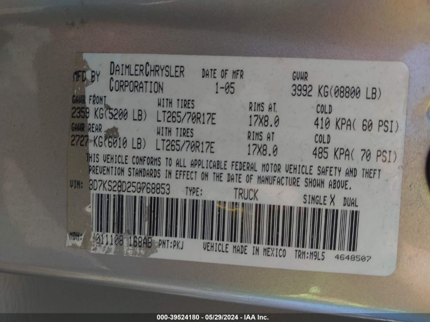 2005 Dodge Ram 2500 Slt/Laramie VIN: 3D7KS28D25G768853 Lot: 39524180