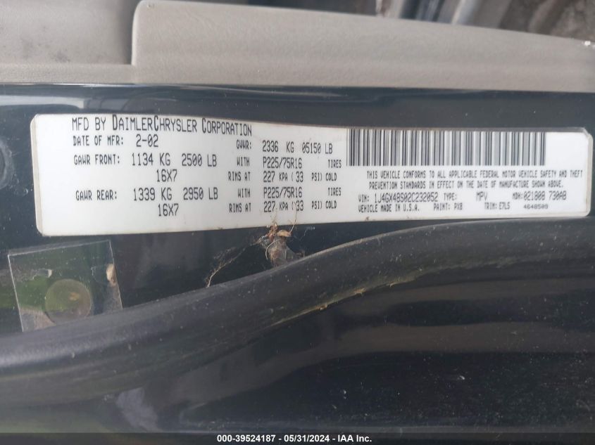 2002 Jeep Grand Cherokee Laredo VIN: 1J4GX48S02C232052 Lot: 39524187