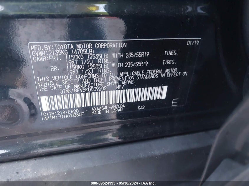 VIN JTMN1RFV5KD509202 2019 TOYOTA RAV4 LIMITED