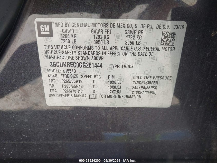 2016 Chevrolet Silverado 1500 2Lt VIN: 3GCUKREC0GG261444 Lot: 39524200