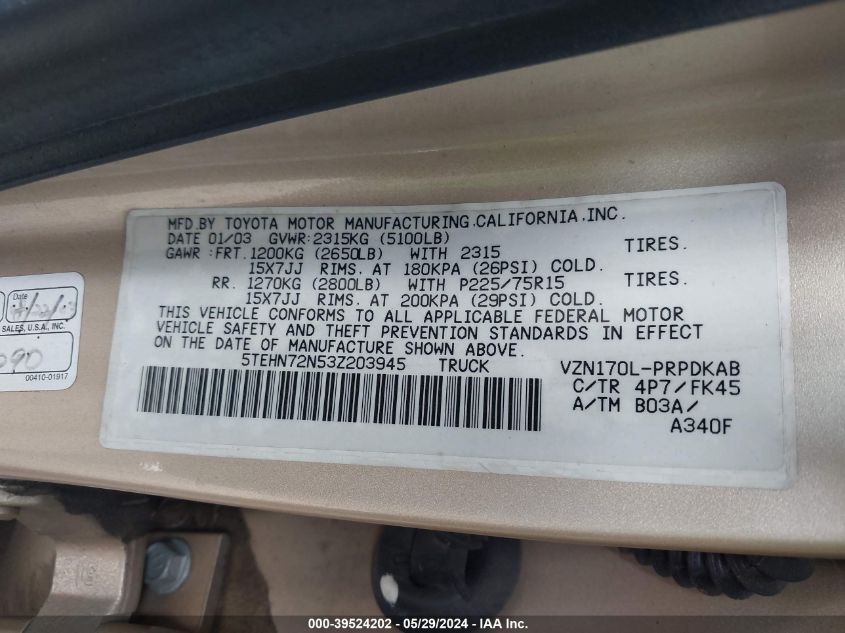 2003 Toyota Tacoma Base V6 VIN: 5TEHN72N53Z203945 Lot: 39524202