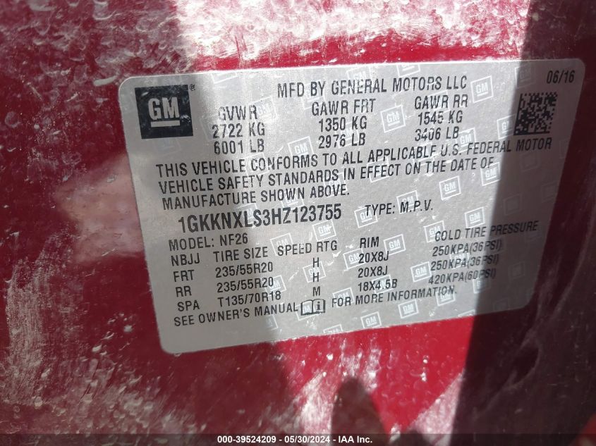 2017 GMC Acadia Denali VIN: 1GKKNXLS3HZ123755 Lot: 39524209