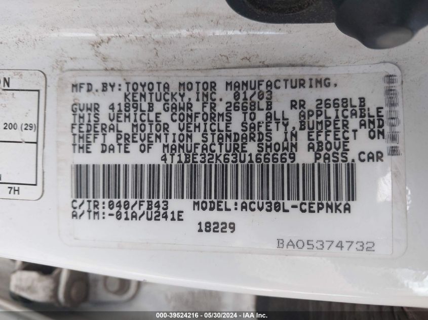 2003 Toyota Camry Le VIN: 4T1BE32K63U166669 Lot: 39524216