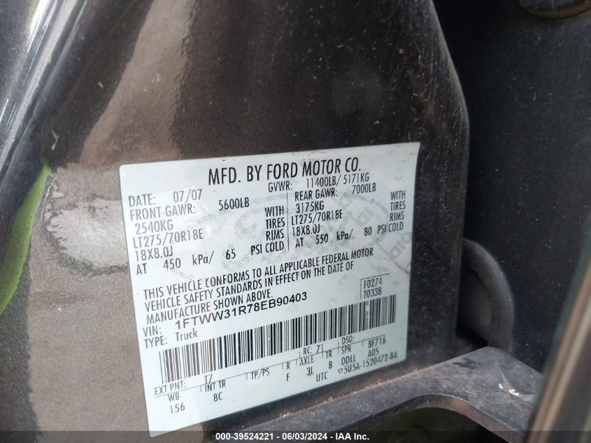 2008 Ford F-350 Fx4/Harley-Davidson/King Ranch/Lariat/Xl/Xlt VIN: 1FTWW31R78EB90403 Lot: 39524221
