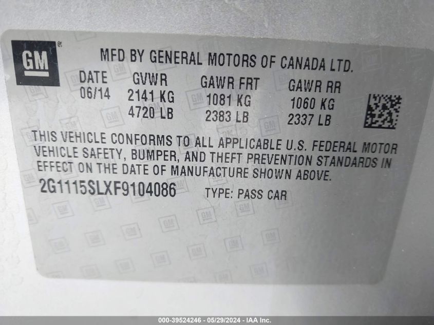 2015 Chevrolet Impala 1Lt VIN: 2G1115SLXF9104086 Lot: 39524246
