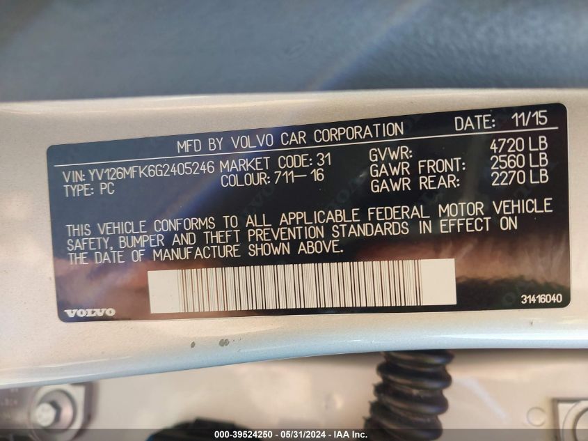 2016 Volvo S60 T5 Drive-E Premier VIN: YV126MFK6G2405246 Lot: 39524250