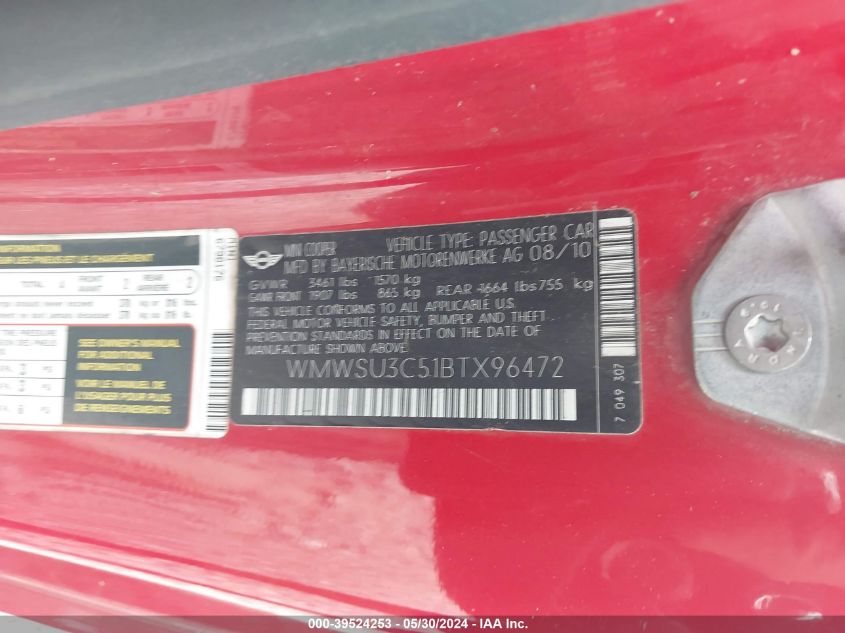 2011 Mini Cooper VIN: WMWSU3C51BTX96472 Lot: 39524253