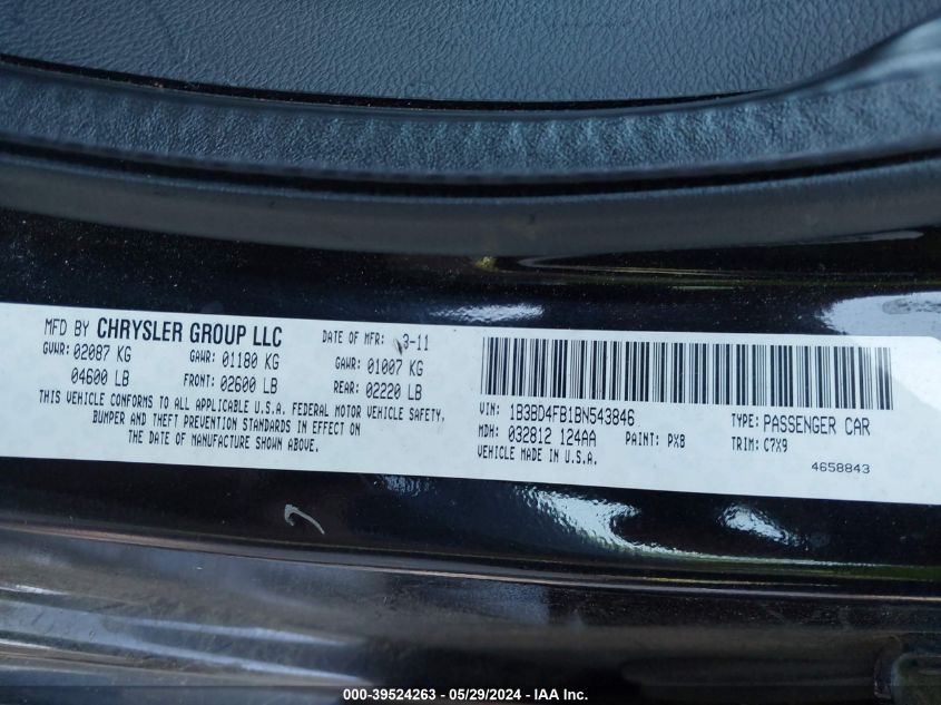 2011 Dodge Avenger Express VIN: 1B3BD4FB1BN543846 Lot: 39524263