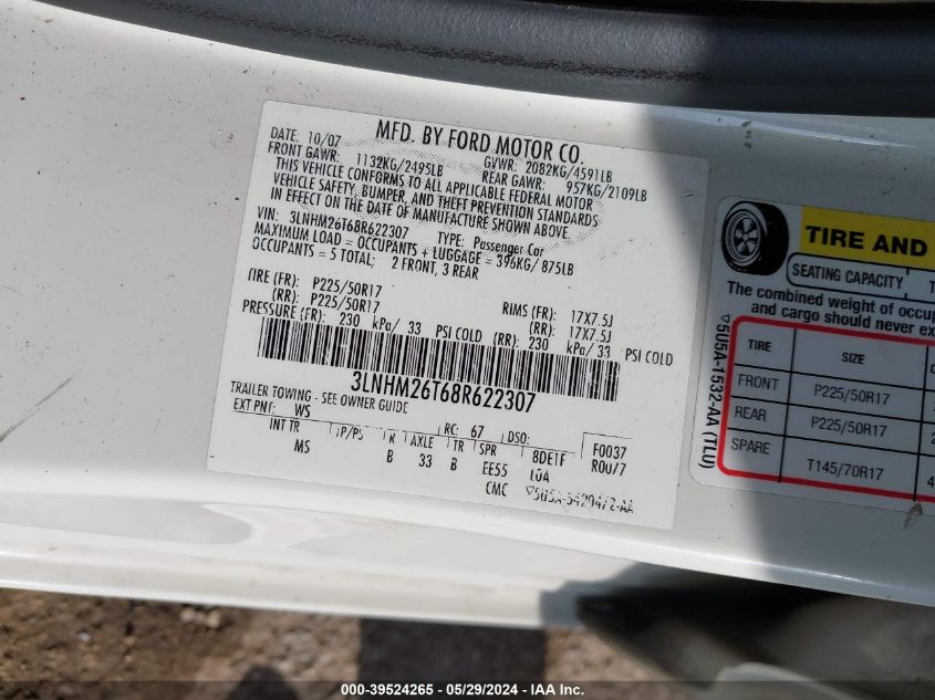 2008 Lincoln Mkz VIN: 3LNHM26T68R622307 Lot: 39524265