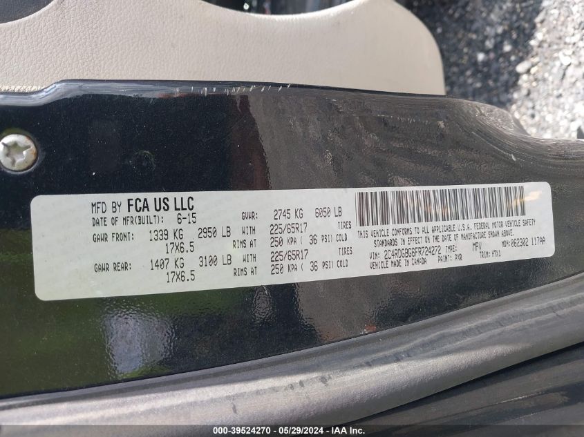 2015 Dodge Grand Caravan American Value Pkg VIN: 2C4RDGBG6FR724272 Lot: 39524270