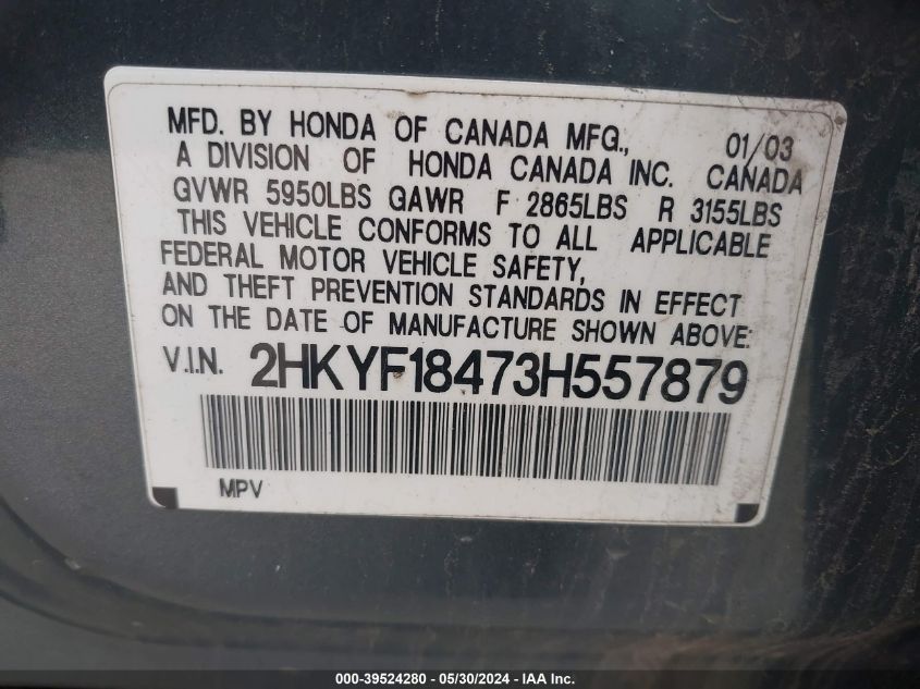 2003 Honda Pilot Ex VIN: 2HKYF18473H557879 Lot: 39524280