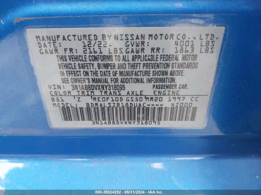 2022 Nissan Sentra Sr Xtronic Cvt VIN: 3N1AB8DVXNY318095 Lot: 39524292