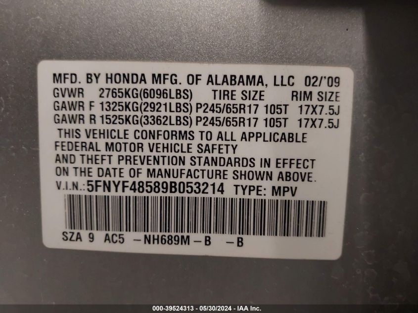 2009 Honda Pilot Ex-L VIN: 5FNYF48589B053214 Lot: 39524313