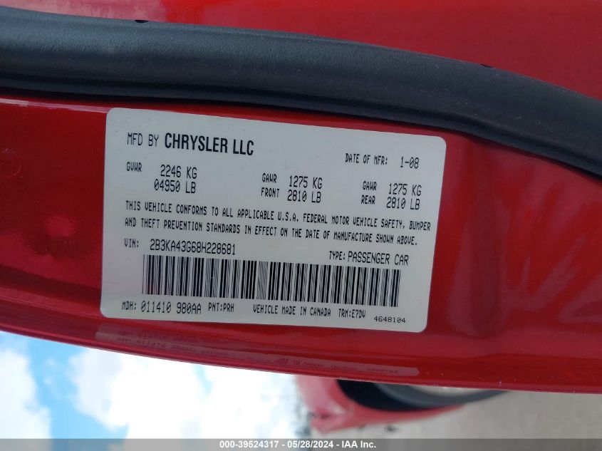 2008 Dodge Charger VIN: 2B3KA43G68H228681 Lot: 39524317