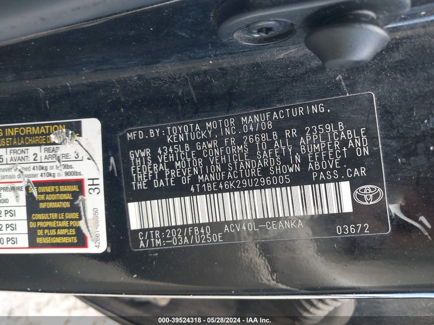 2009 Toyota Camry Le VIN: 4T1BE46K29U296005 Lot: 39524318