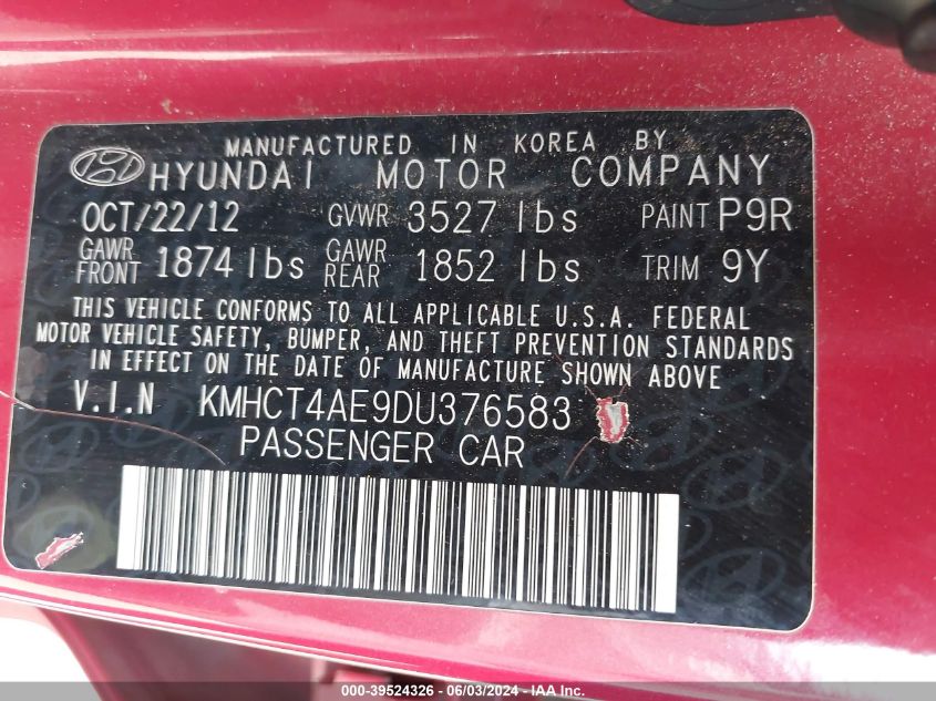 2013 Hyundai Accent Gls VIN: KMHCT4AE9DU376583 Lot: 39524326