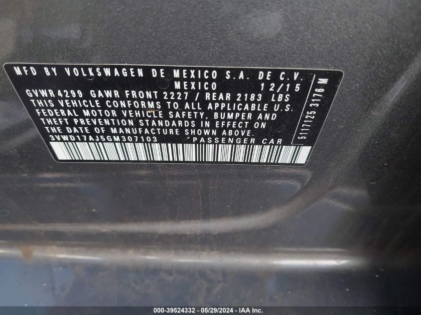 2016 Volkswagen Jetta 1.8T Sport VIN: 3VWD17AJ5GM307103 Lot: 39524332