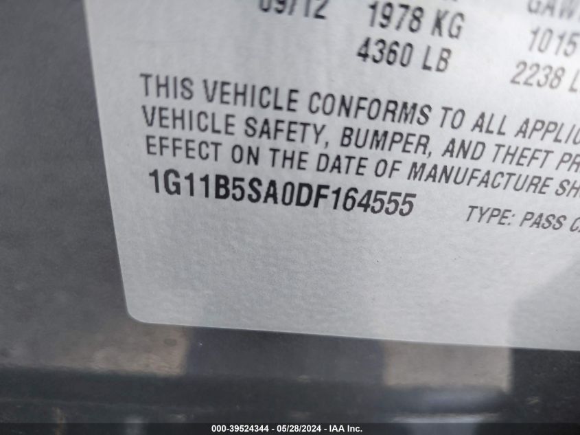 2013 Chevrolet Malibu 1Ls VIN: 1G11B5SA0DF164555 Lot: 39524344