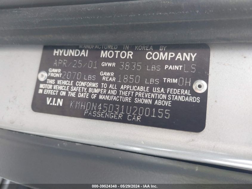 2001 Hyundai Elantra Gls VIN: KMHDN45D31U200155 Lot: 39524348