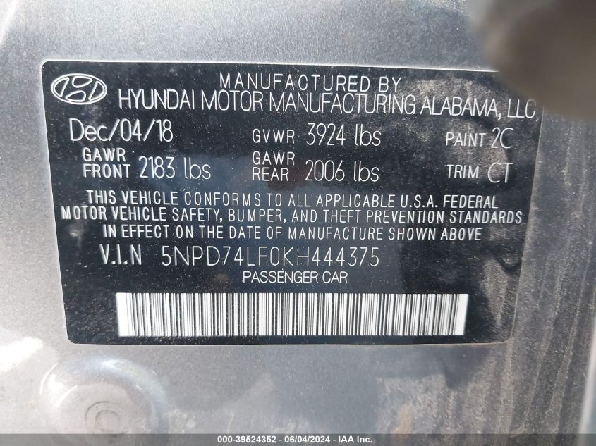 2019 Hyundai Elantra Se VIN: 5NPD74LF0KH444375 Lot: 39524352