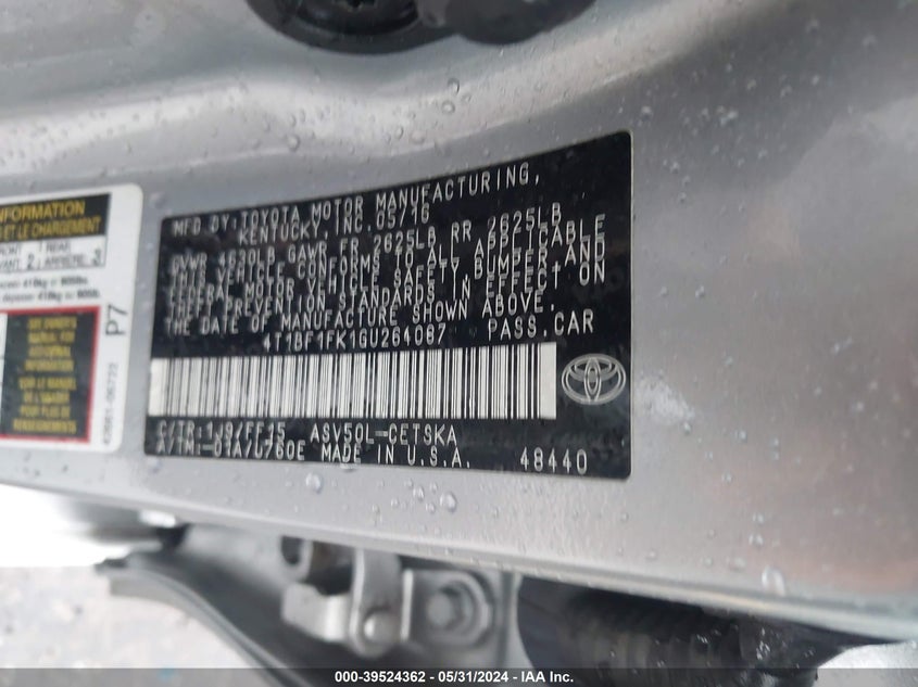 2016 Toyota Camry Se VIN: 4T1BF1FK1GU264087 Lot: 39524362