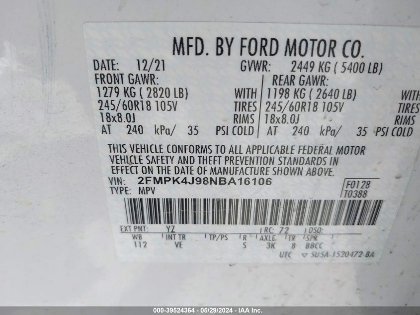 2022 Ford Edge Sel VIN: 2FMPK4J98NBA16106 Lot: 39524364