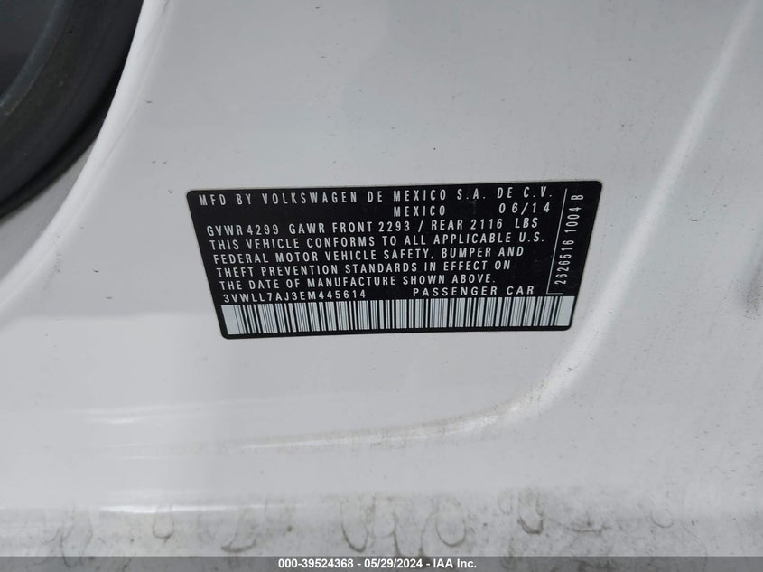 2014 Volkswagen Jetta 2.0L Tdi VIN: 3VWLL7AJ3EM445614 Lot: 39524368