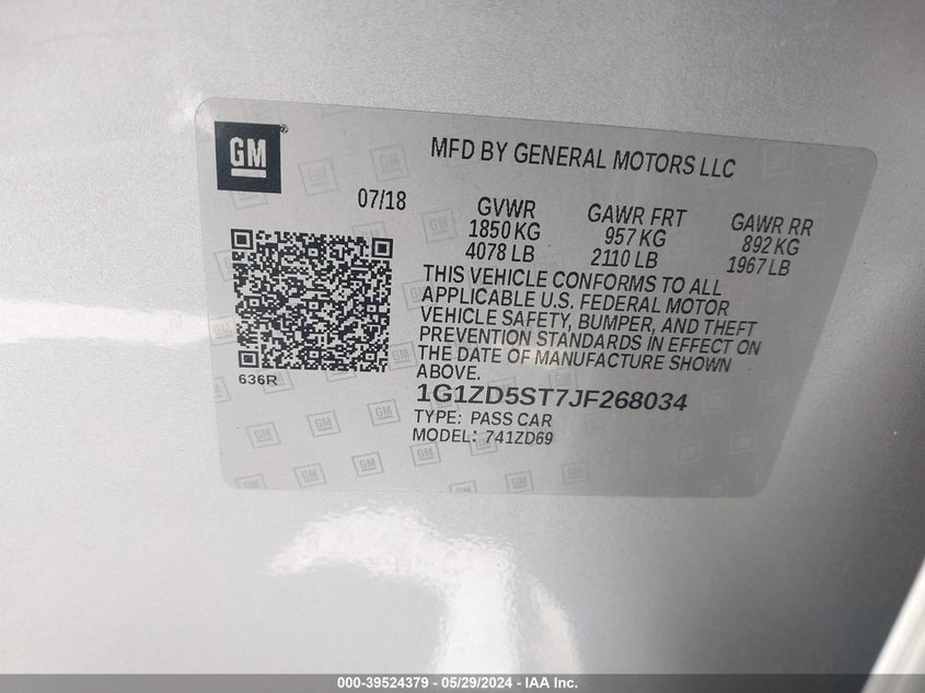 2018 Chevrolet Malibu Lt VIN: 1G1ZD5ST7JF268034 Lot: 39524379