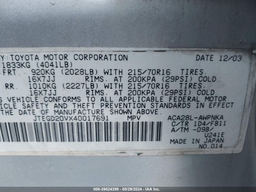 2004 Toyota Rav4 VIN: JTEGD20VX40017691 Lot: 39524399
