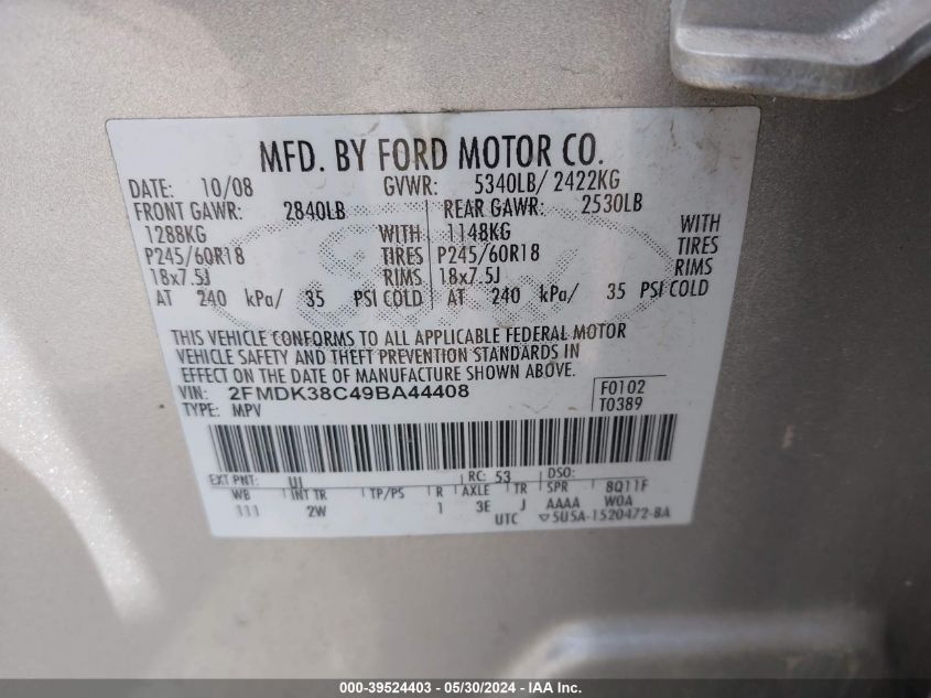 2009 Ford Edge Sel VIN: 2FMDK38C49BA44408 Lot: 39524403