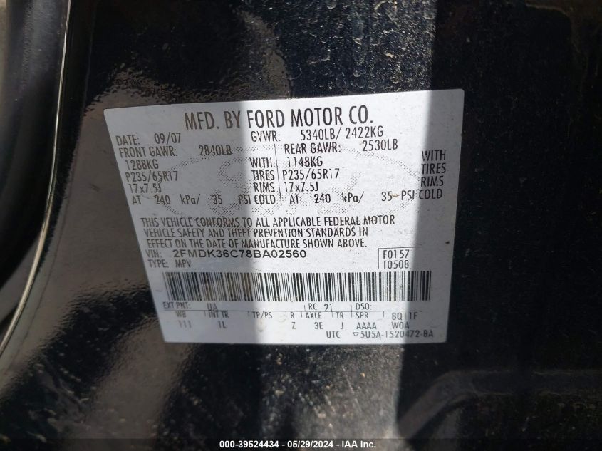 2008 Ford Edge Se VIN: 2FMDK36C78BA02560 Lot: 39524434