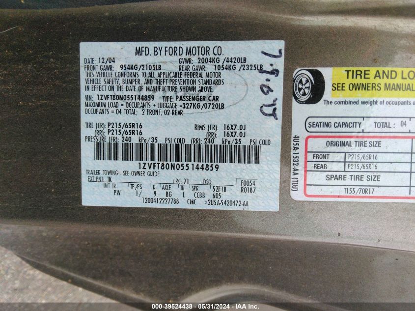 2005 Ford Mustang V6 Deluxe/V6 Premium VIN: 1ZVFT80N055144859 Lot: 39524438