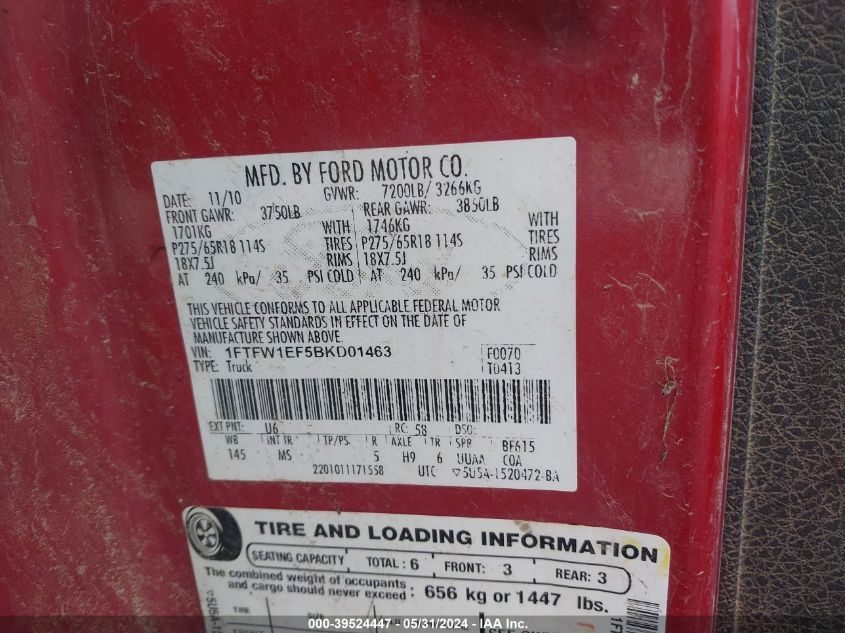 2011 Ford F-150 Xlt VIN: 1FTFW1EF5BKD01463 Lot: 39524447