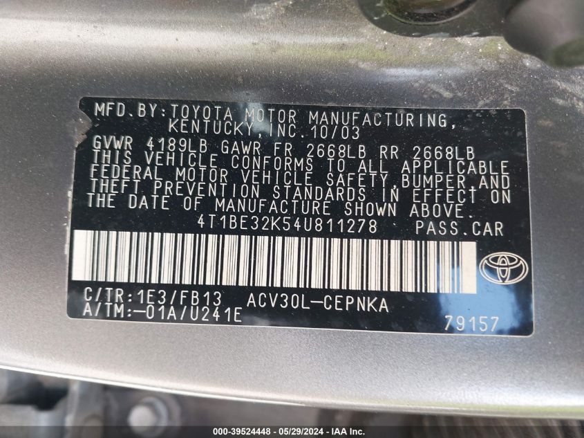 2004 Toyota Camry Le VIN: 4T1BE32K54U811278 Lot: 39524448