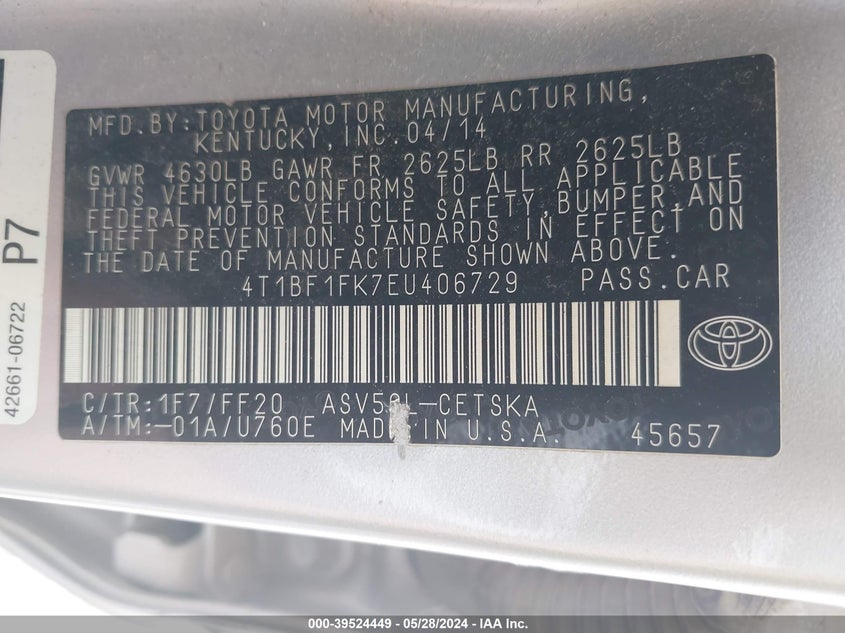2014 Toyota Camry Se VIN: 4T1BF1FK7EU406729 Lot: 39524449