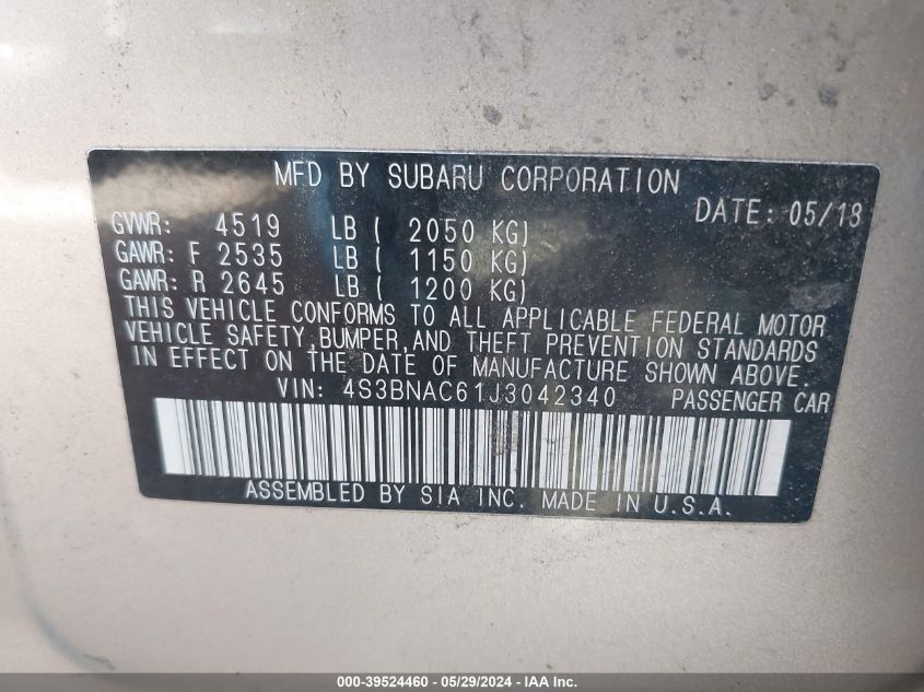 4S3BNAC61J3042340 2018 Subaru Legacy 2.5I Premium